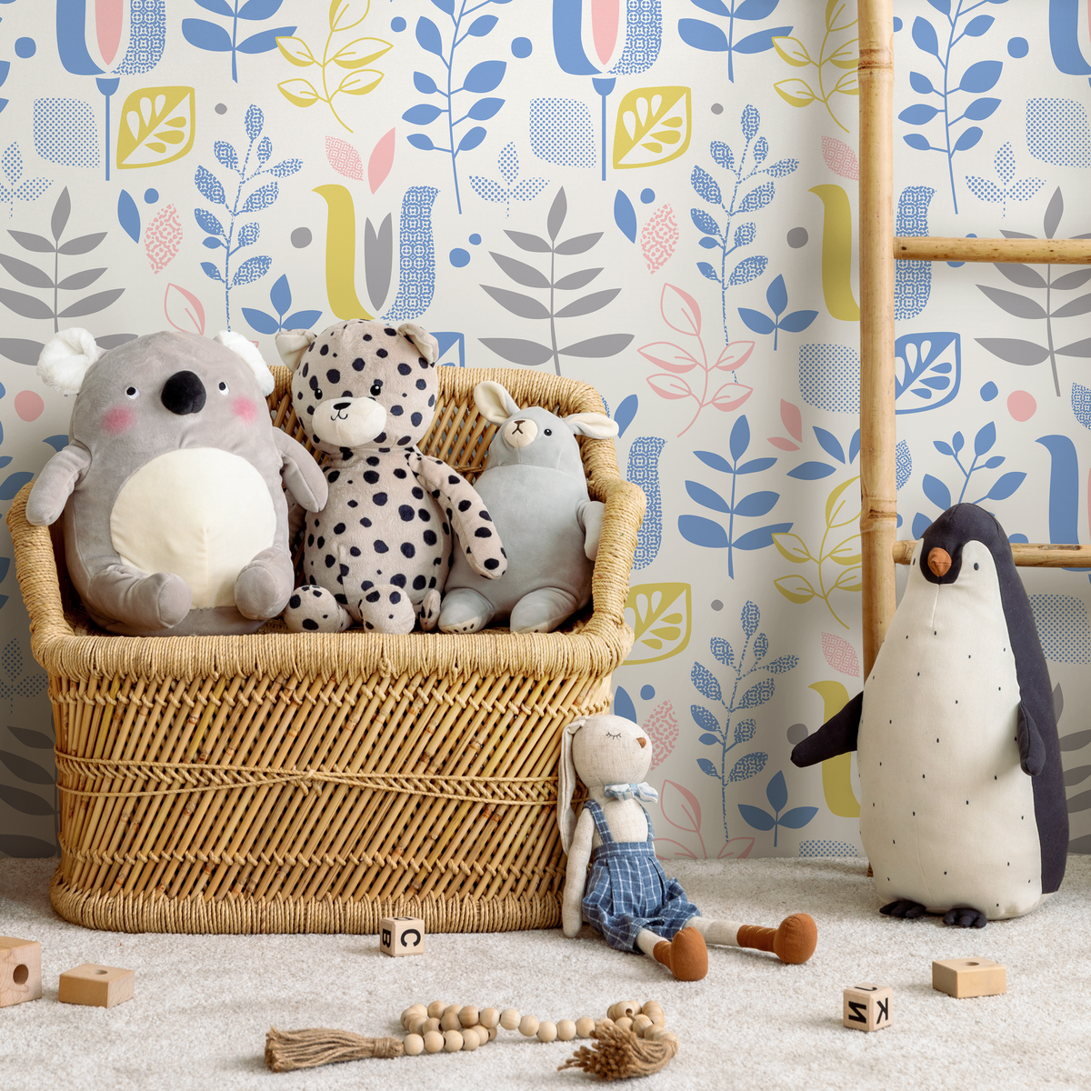 Scandinavian Wallpaper Featuring Abstract Leaves in Blue, Yellow, and Pink - detail view