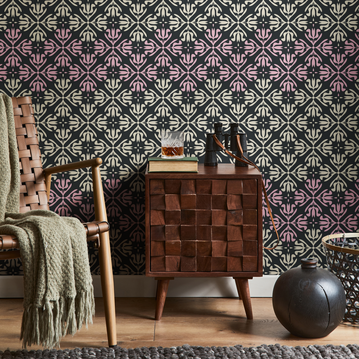 Damask Wallpaper with an Ornate Motif in Black, Pink, and Cream - detail view