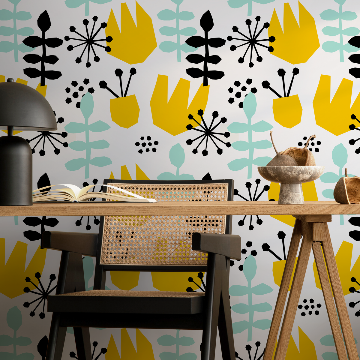 Botanical Wallpaper with Abstract Floral Shapes in Yellow, Mint, and Black - detail view
