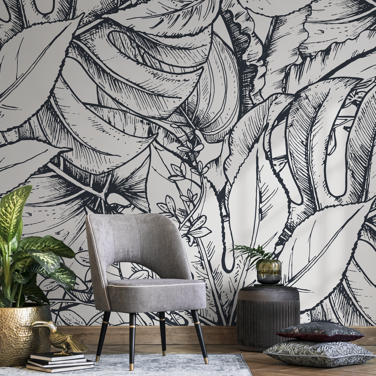 Botanical Wallpaper with Sketched Jungle Leaves in Black and White - detail view