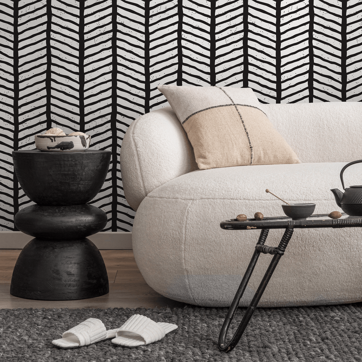 Geometric Wallpaper with a Hand-Drawn Chevron Pattern in Black and White - detail view
