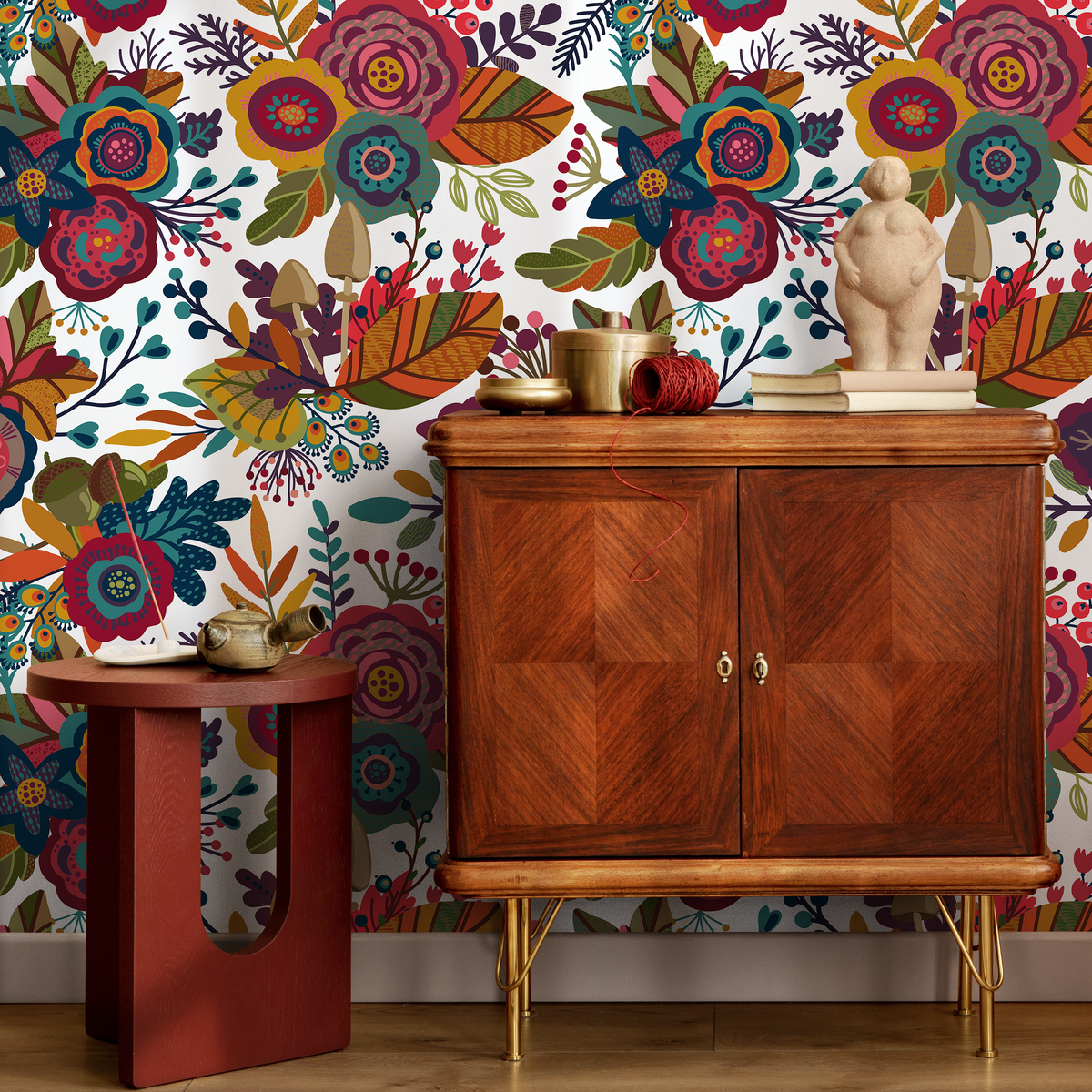Floral Wallpaper with a Folk Art Motif in Red, Teal, and Yellow - detail view