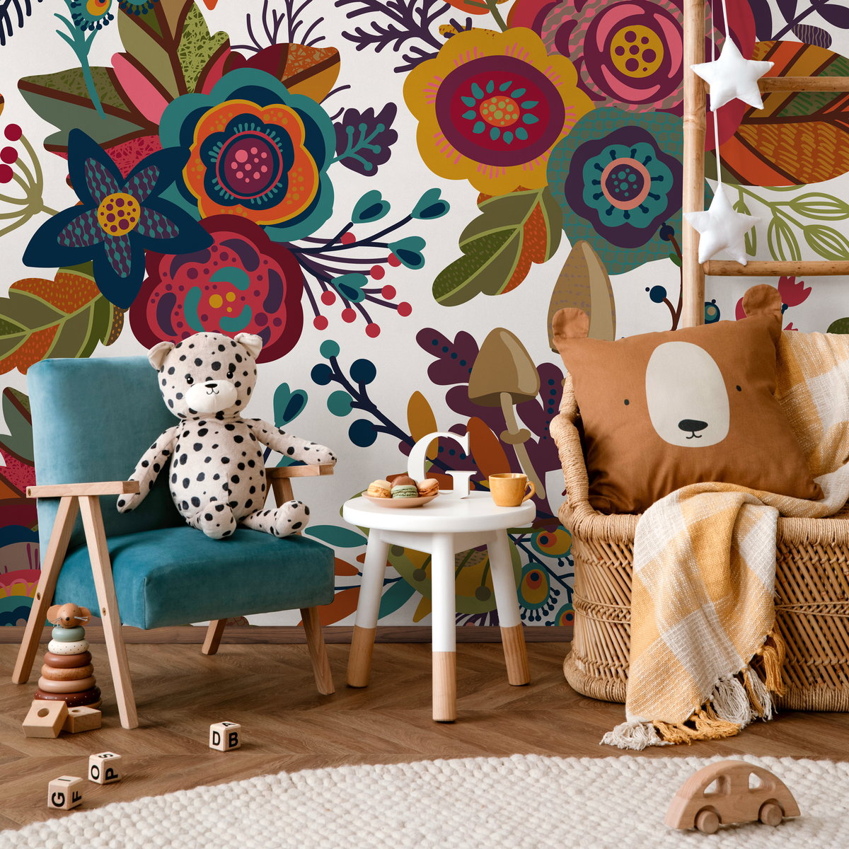 Folk Art Wallpaper with Whimsical Flowers and Mushrooms in Red, Yellow, and Teal - detail view