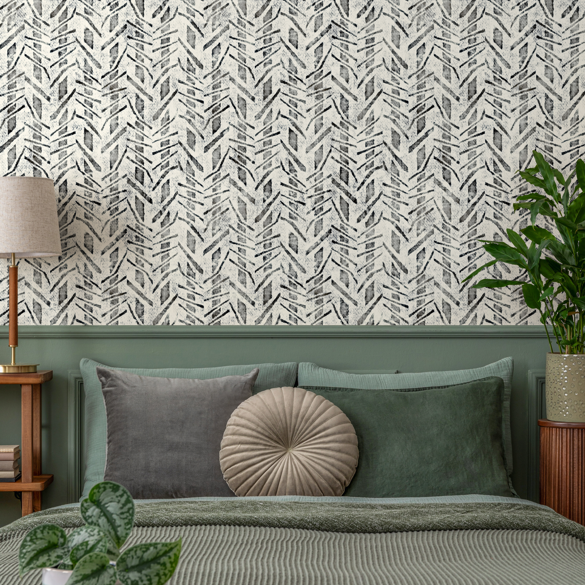 Abstract Wallpaper with a Block Print Chevron Motif in Black and Off-White - detail view