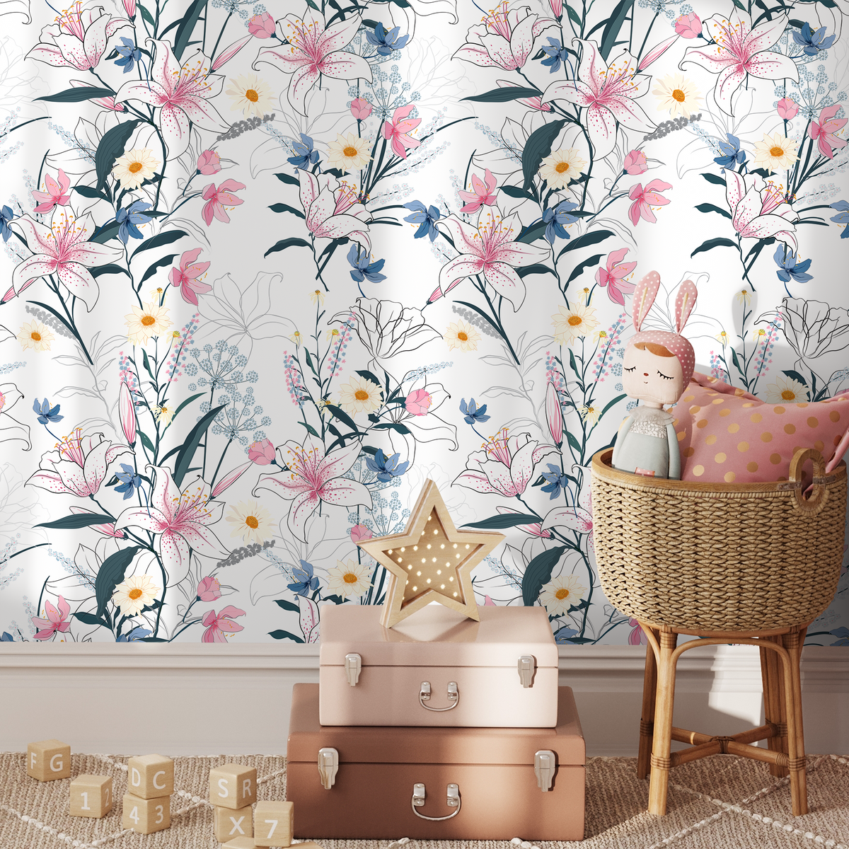 Floral Wallpaper with Hand-Drawn Lilies and Wildflowers in Pink, Blue, and Yellow - detail view