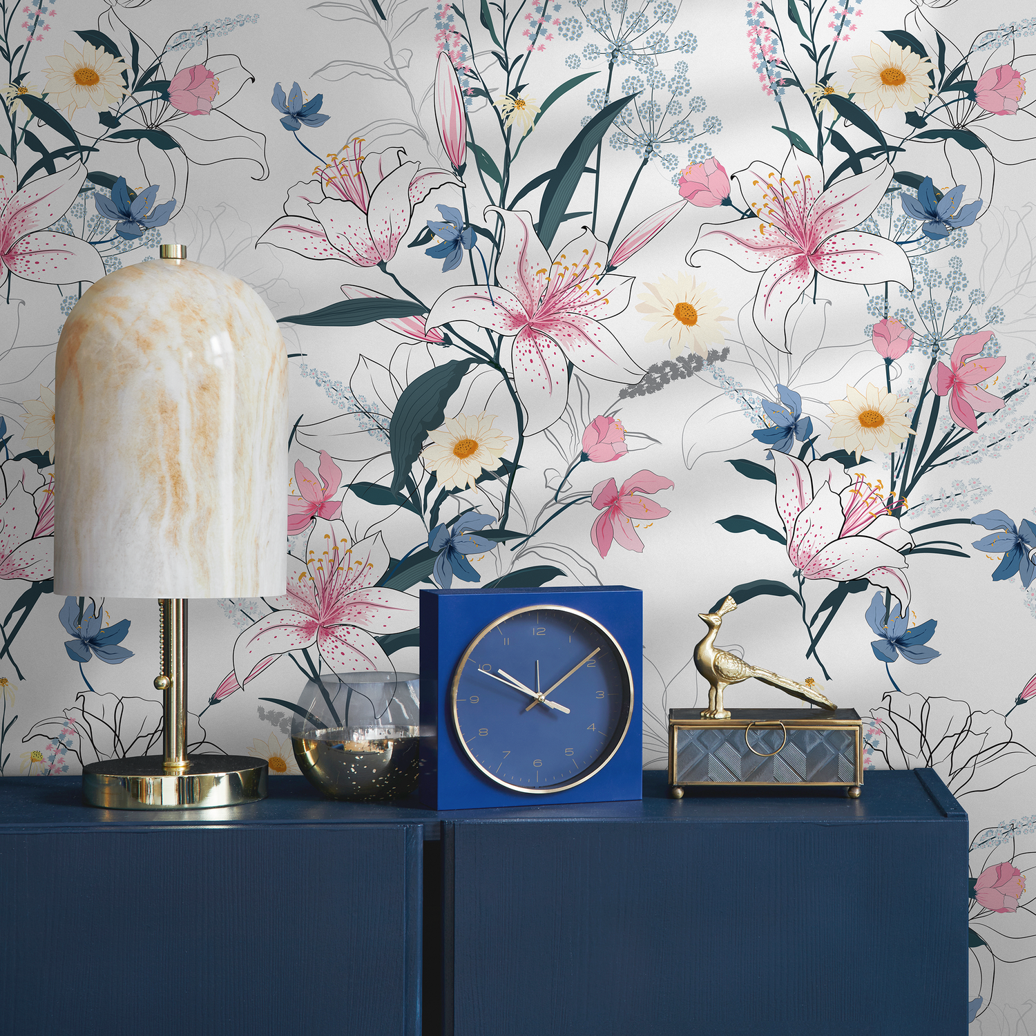 Floral Wallpaper with Hand-Drawn Lilies and Wildflowers in Pink, Blue, and Yellow - B401