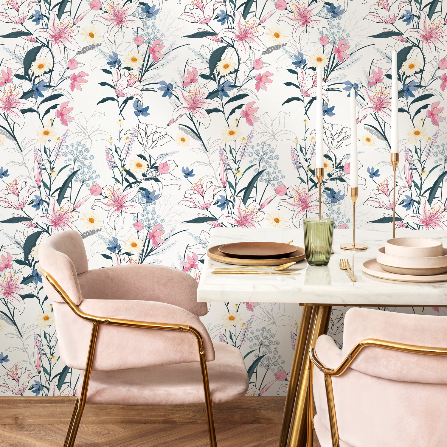Floral Wallpaper with Hand-Drawn Lilies and Wildflowers in Pink, Blue, and Yellow - B401