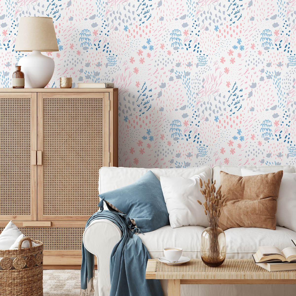 Abstract Wallpaper with Whimsical Doodles in Pink, Blue, and White - detail view