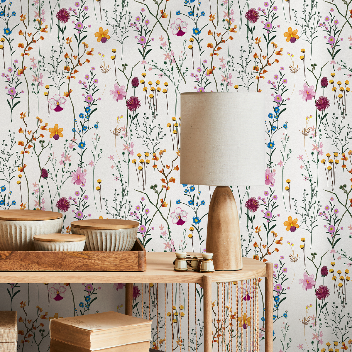 Wildflower Wallpaper with a Delicate Meadow Motif in Pink, Blue, and Yellow - detail view