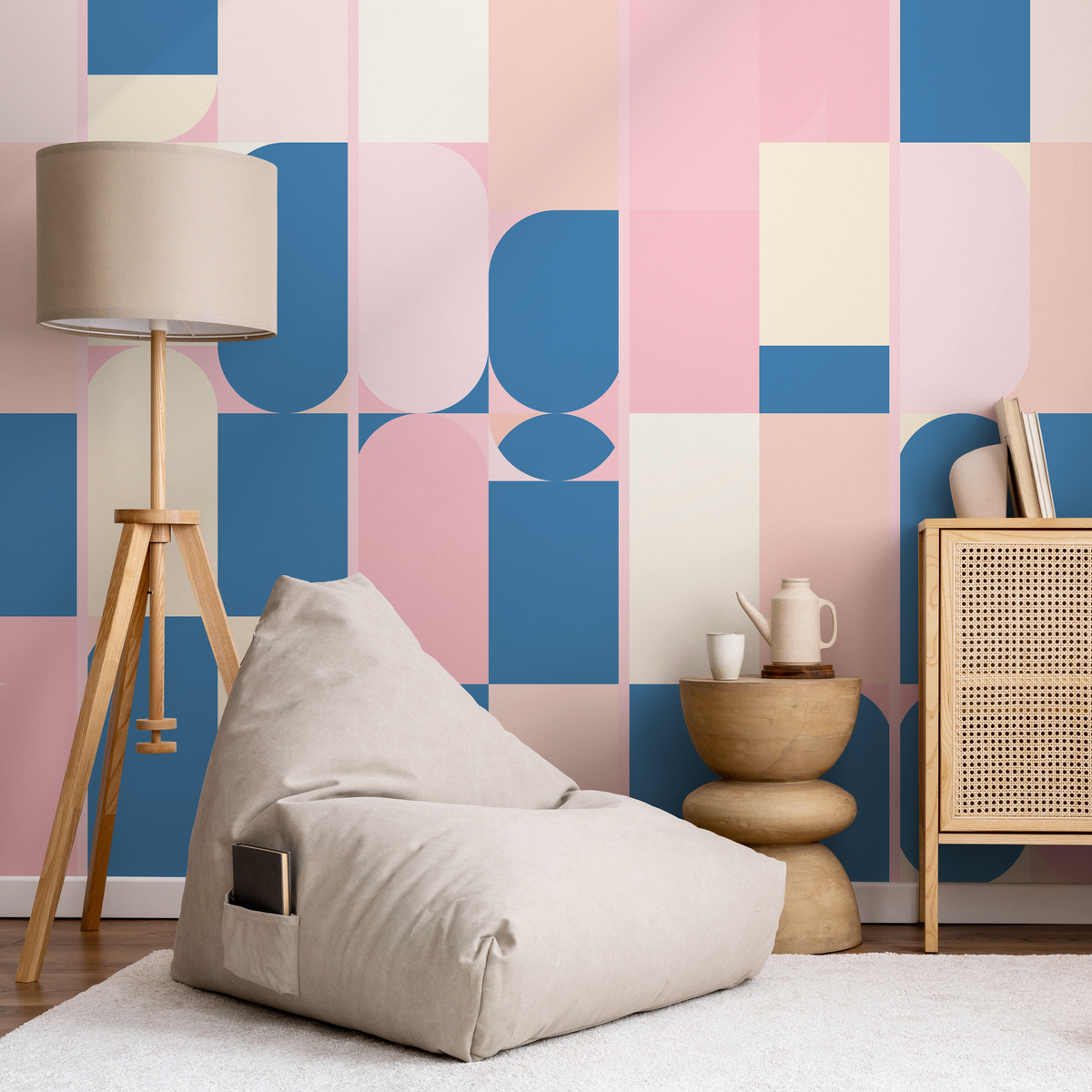 Geometric Wallpaper with Modern Block Shapes in Blue, Pink, and Cream - detail view