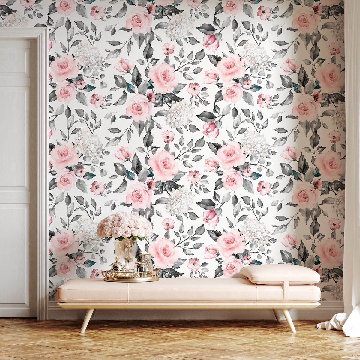 Floral Wallpaper Featuring Watercolor Roses in Pink and Grey - detail view