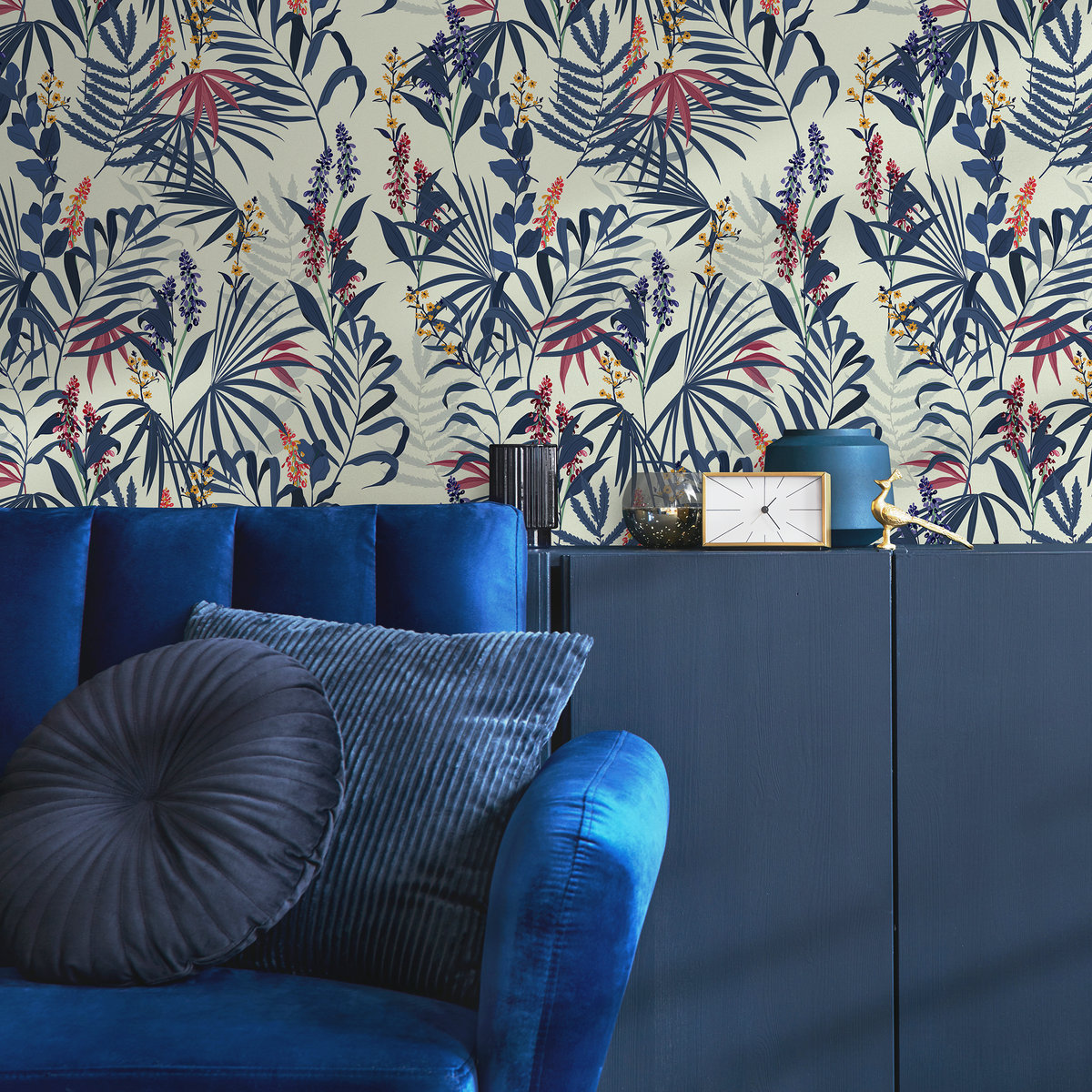 Botanical Wallpaper with Tropical Leaves and Flowers in Blue, Red, and Yellow - detail view