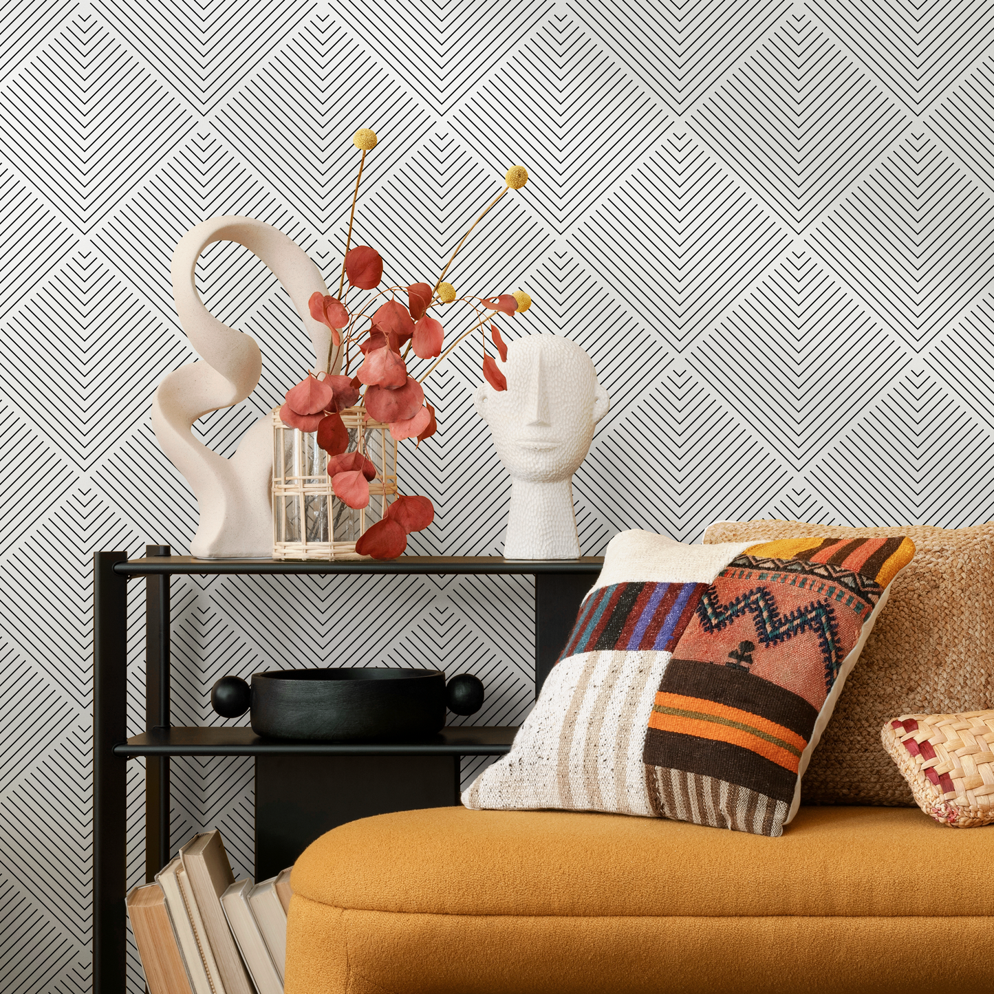 Black and White Geometric Removable Wallpaper Scandinavian Wallpaper Peel and Stick Wallpaper Wall Paper - B417