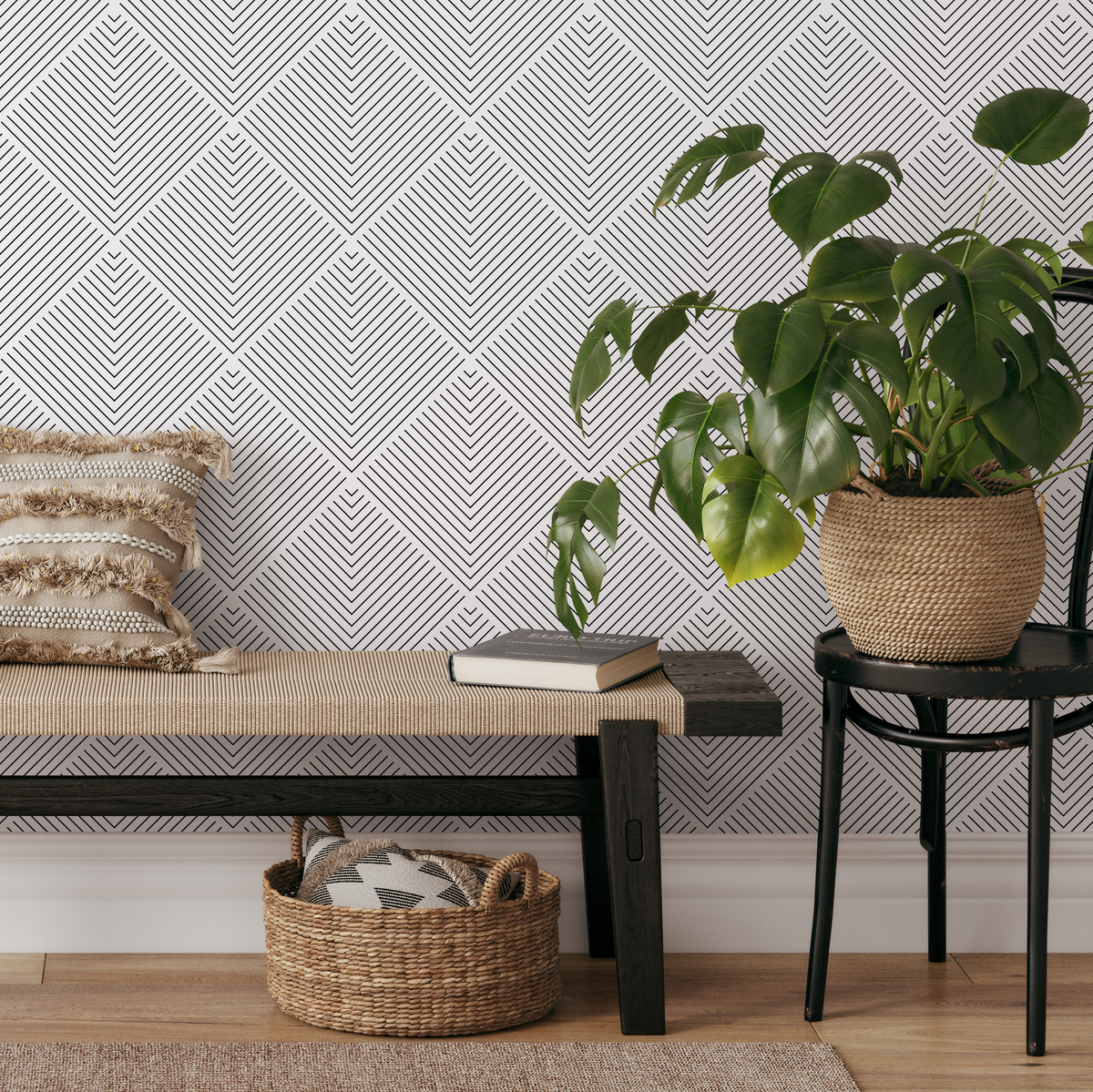 Minimalist Modern Chevron Geometric Wallpaper in Black and White - detail view