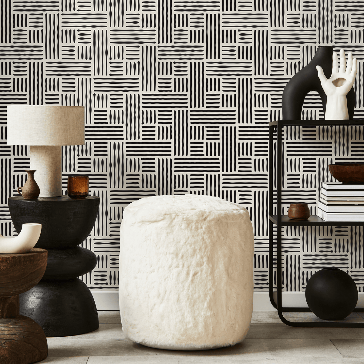 Geometric Wallpaper with a Woven Line Pattern in Black and Off-White - detail view