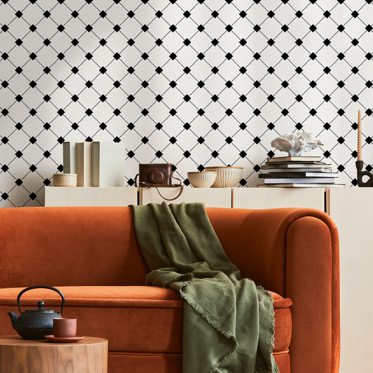 Geometric Wallpaper with a Scandinavian Diamond Grid in Black and White - detail view