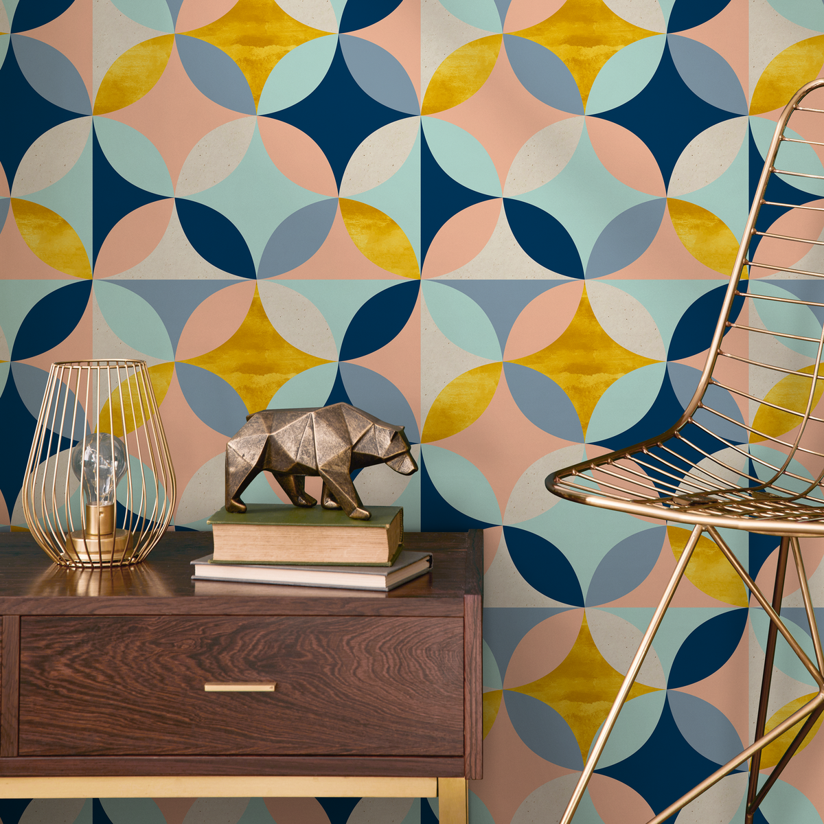 Geometric Wallpaper with a Tiled Star Motif in Blue, Gold, and Peach - detail view