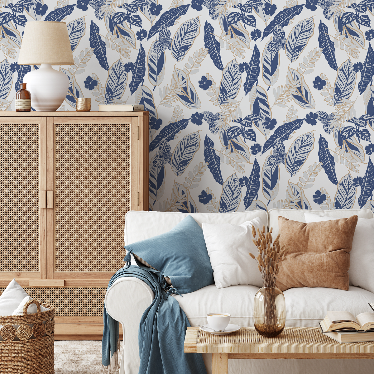Botanical Wallpaper with Tropical Foliage and Flowers in Blue, Beige, and Gray - detail view