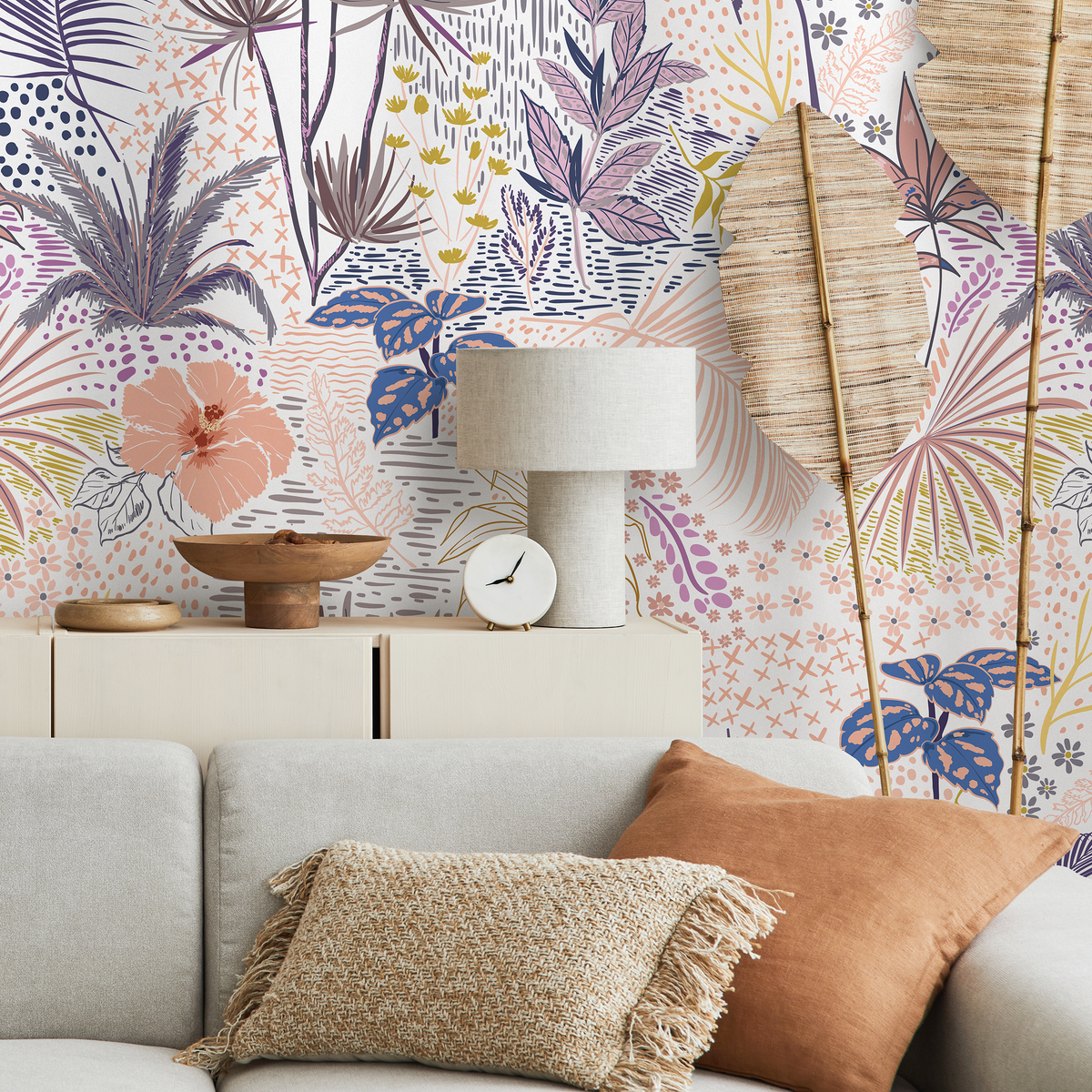 Tropical Wallpaper with Palm Leaves and Hibiscus in Coral, Purple, and Blue - detail view