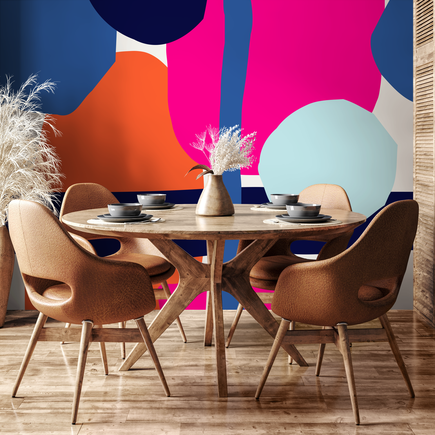 Abstract Wallpaper with Bold Overlapping Shapes in Pink, Blue, and Orange - B433