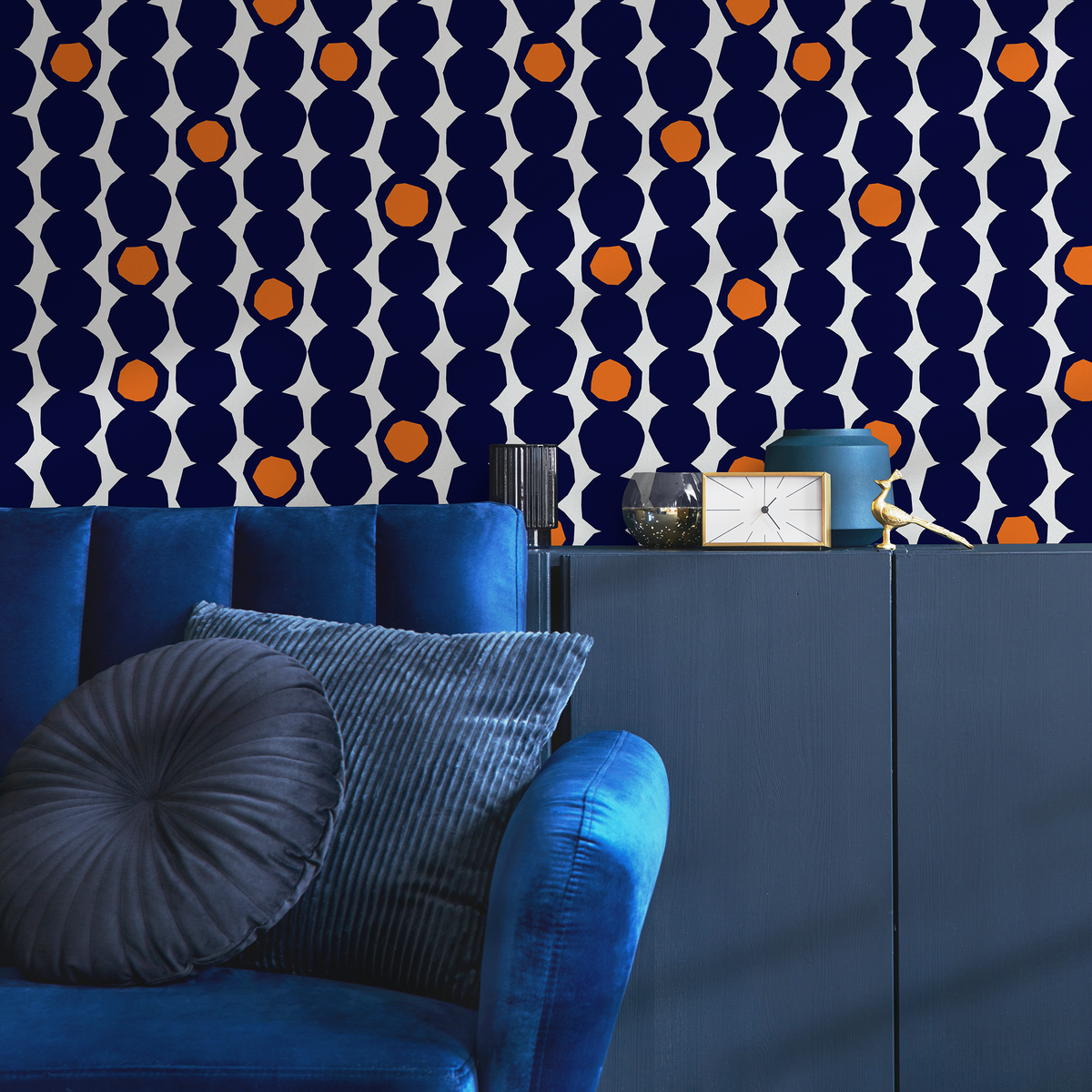 Geometric Wallpaper with Faceted Circles in Navy Blue and Orange - detail view