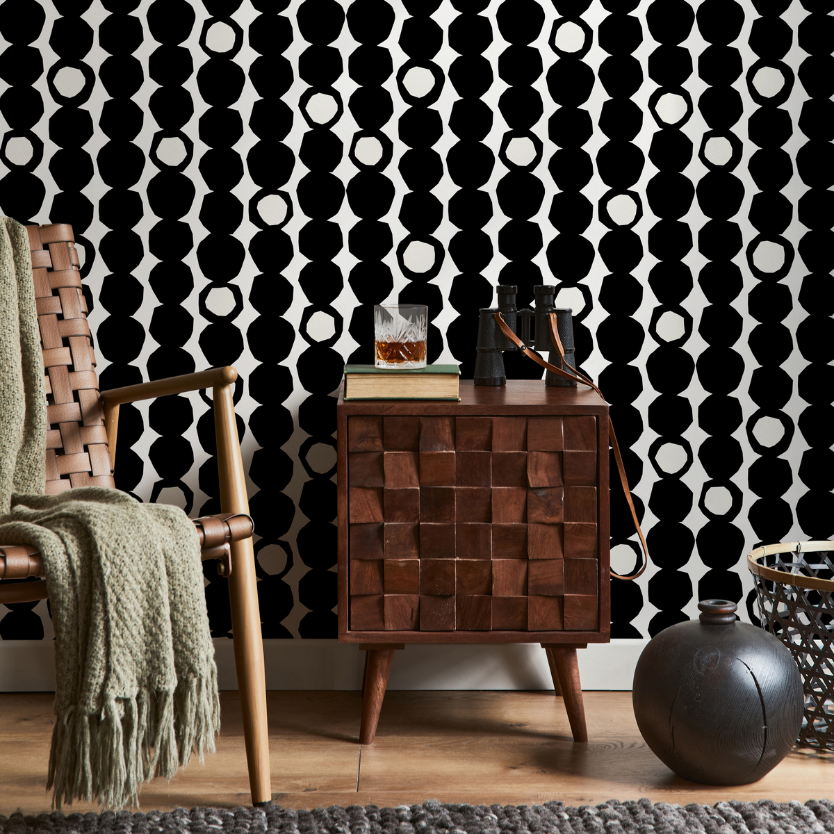 Geometric Wallpaper with Irregular Stacked Dots in Black and White - detail view