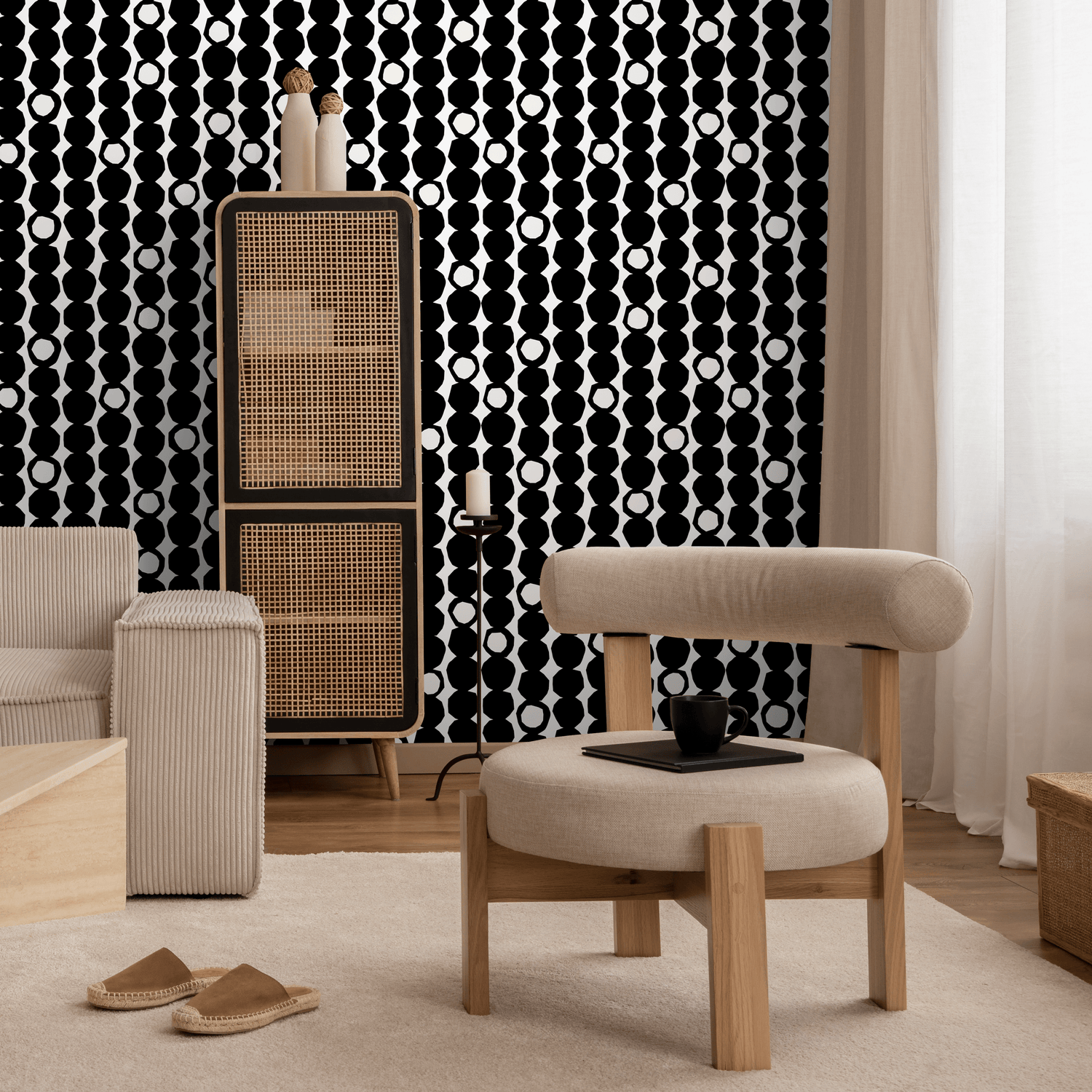 Papier peint autocollant, papier peint amovible, décoration d'intérieur, art mural, décoration murale, décoration de chambre / Papier peint à pois noirs et blancs - B435