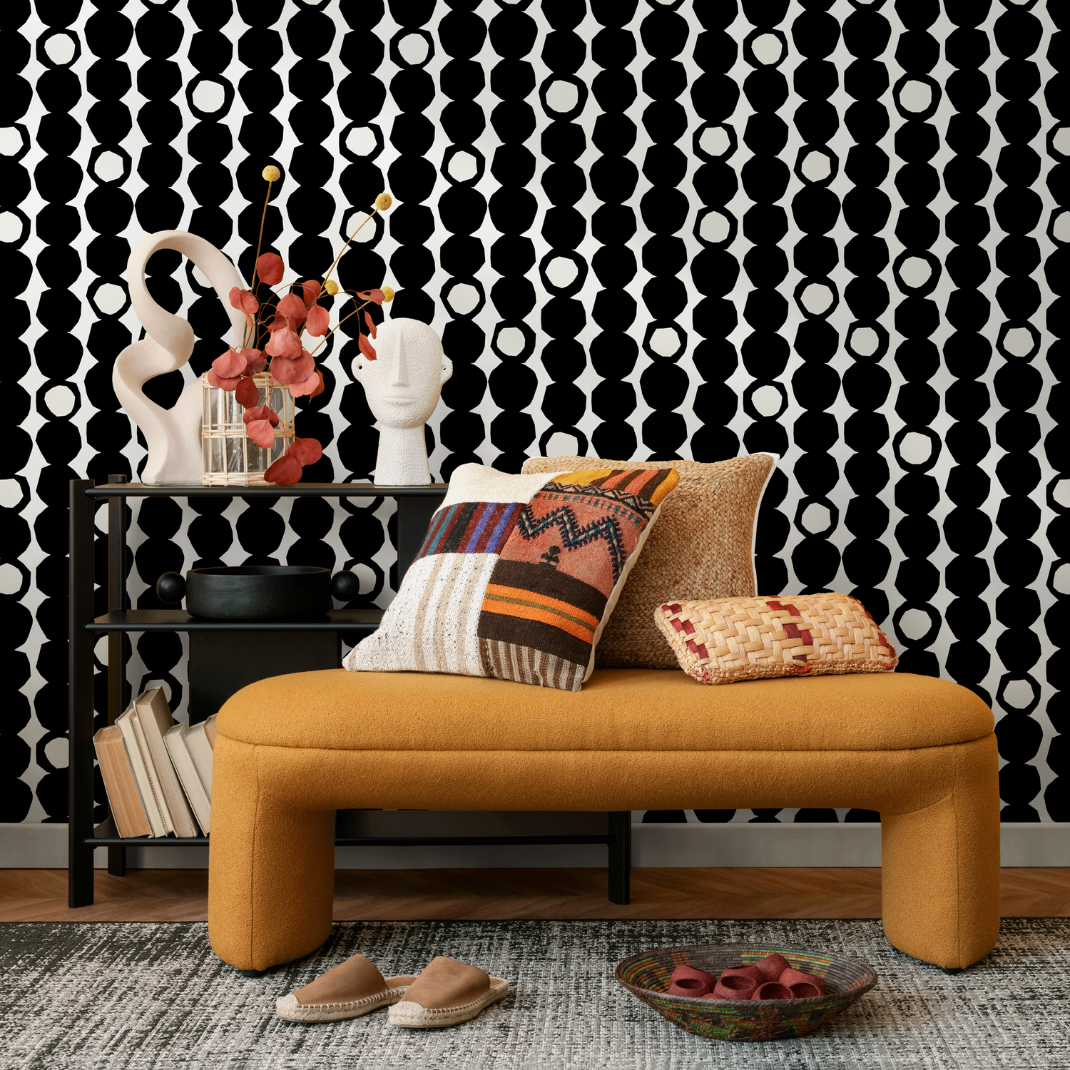 Papier peint autocollant, papier peint amovible, décoration d'intérieur, art mural, décoration murale, décoration de chambre / Papier peint à pois noirs et blancs - B435