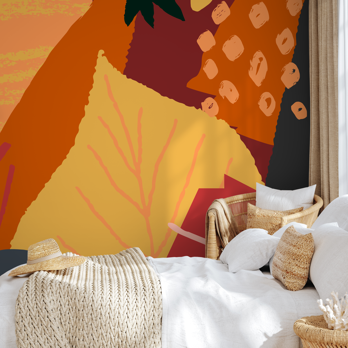 Abstract Wallpaper with Overlapping Autumnal Shapes in Orange, Yellow, and Red - detail view