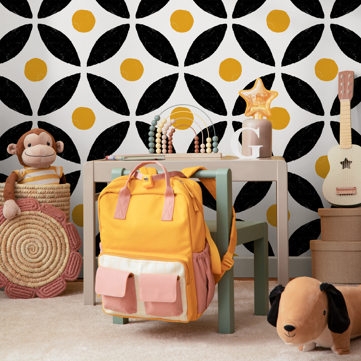 Geometric Wallpaper with a Stamped Petal Grid in Black and Yellow - detail view
