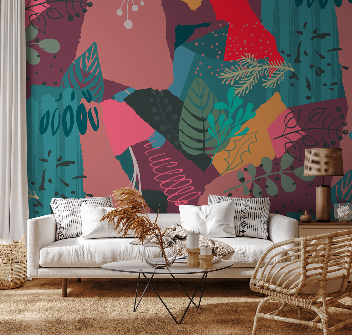 Abstract Wallpaper with a Botanical Collage in Teal, Red, and Pink - detail view