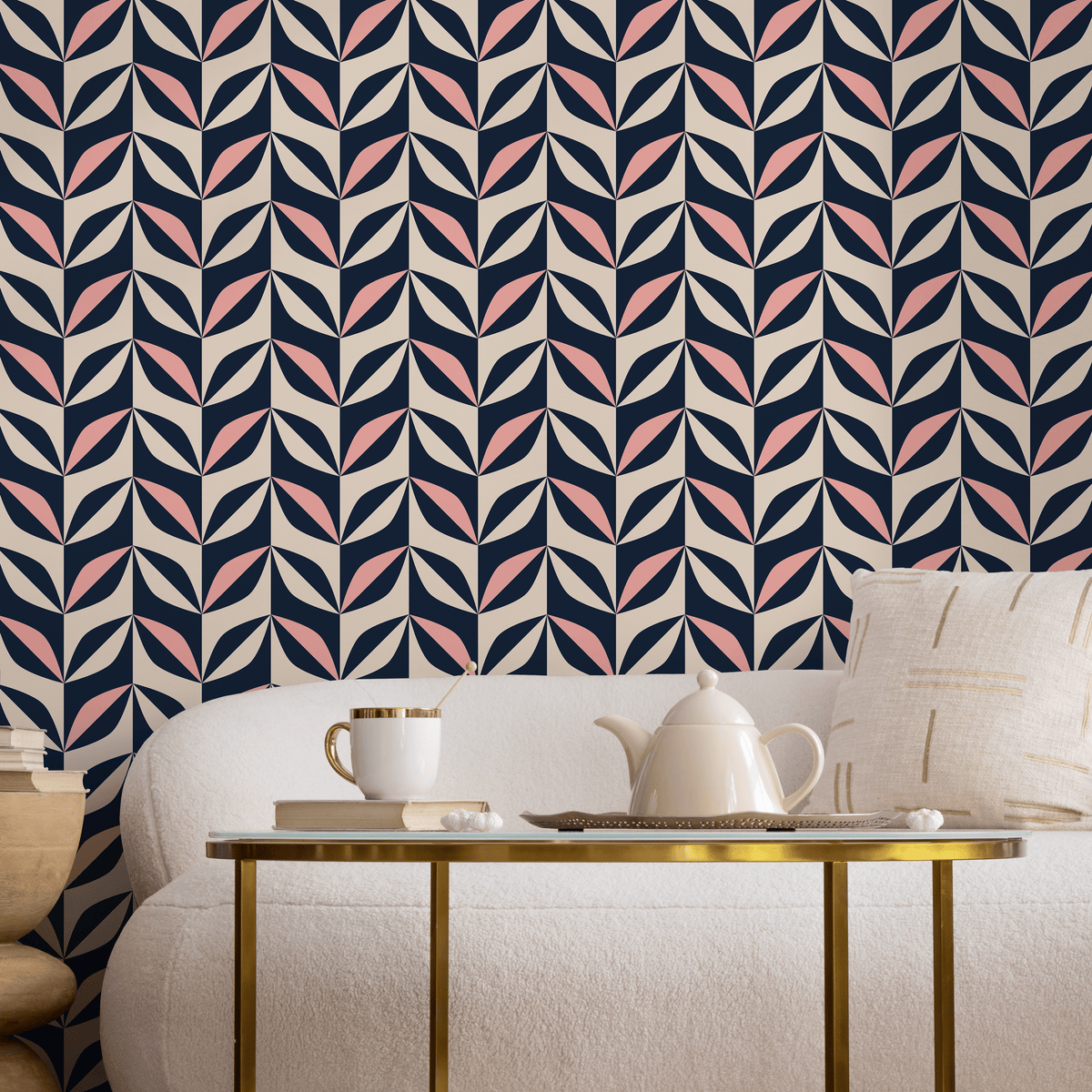Geometric Wallpaper with a Retro Petal Motif in Navy Blue, Pink, and Beige - detail view