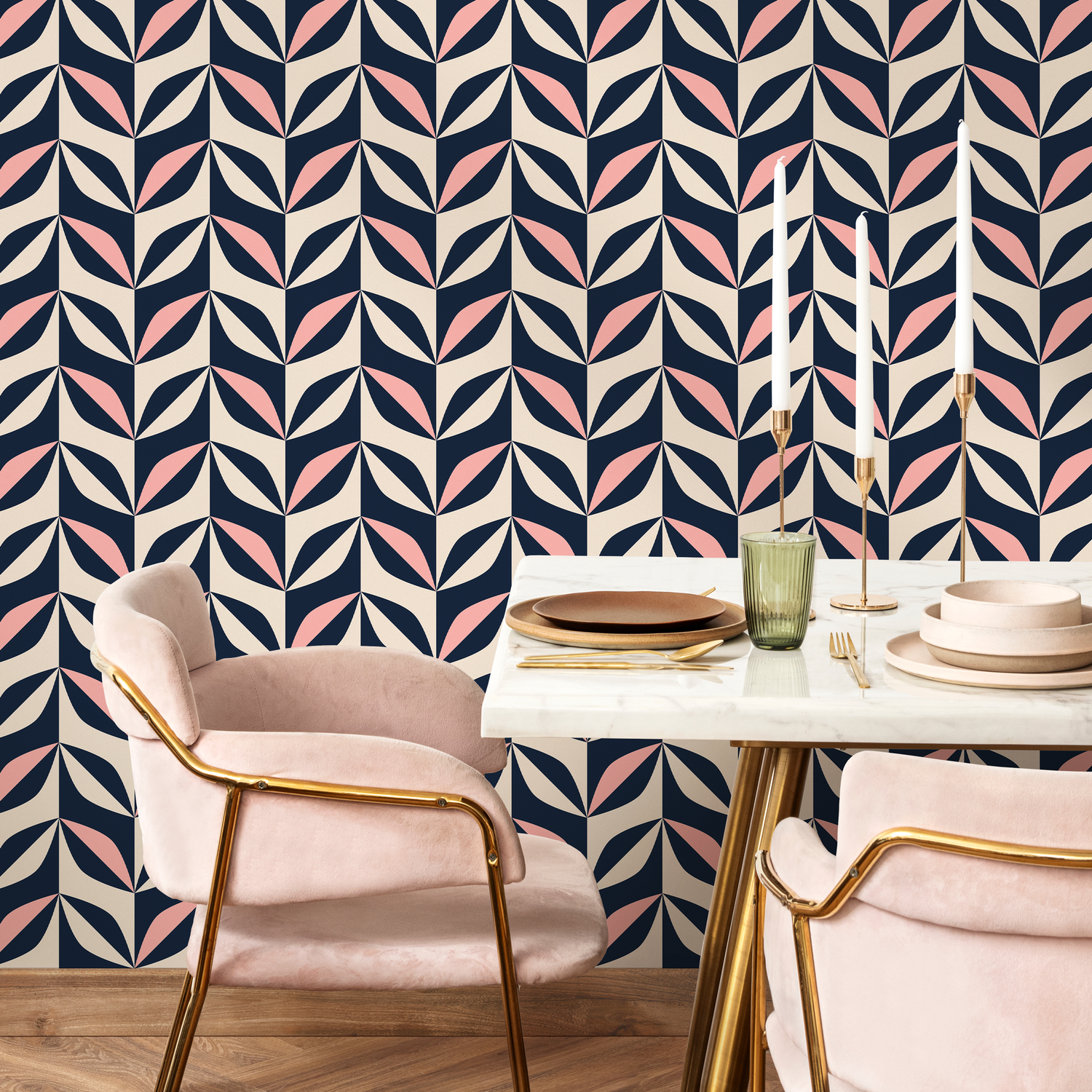 Geometric Wallpaper with a Retro Petal Motif in Navy Blue, Pink, and Beige - B439