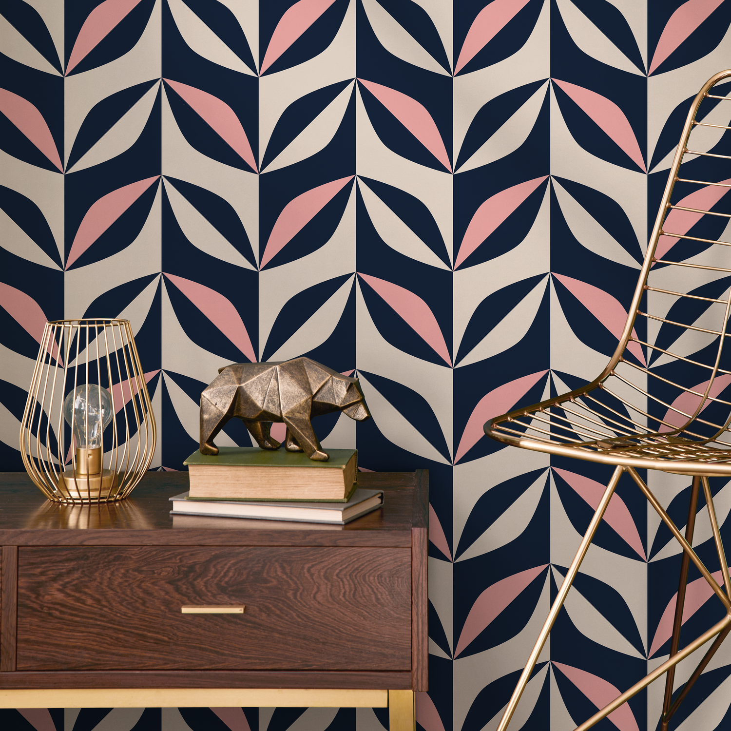 Geometric Wallpaper with a Retro Petal Motif in Navy Blue, Pink, and Beige - B439