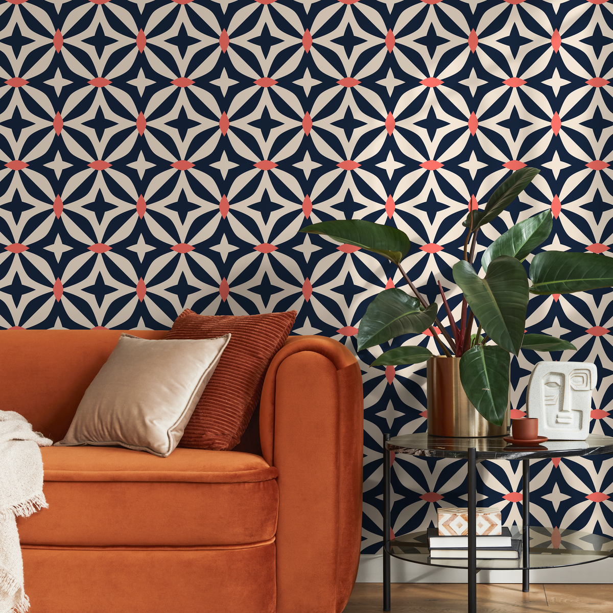 Geometric Wallpaper with a Retro Star Motif in Navy Blue and Coral - detail view