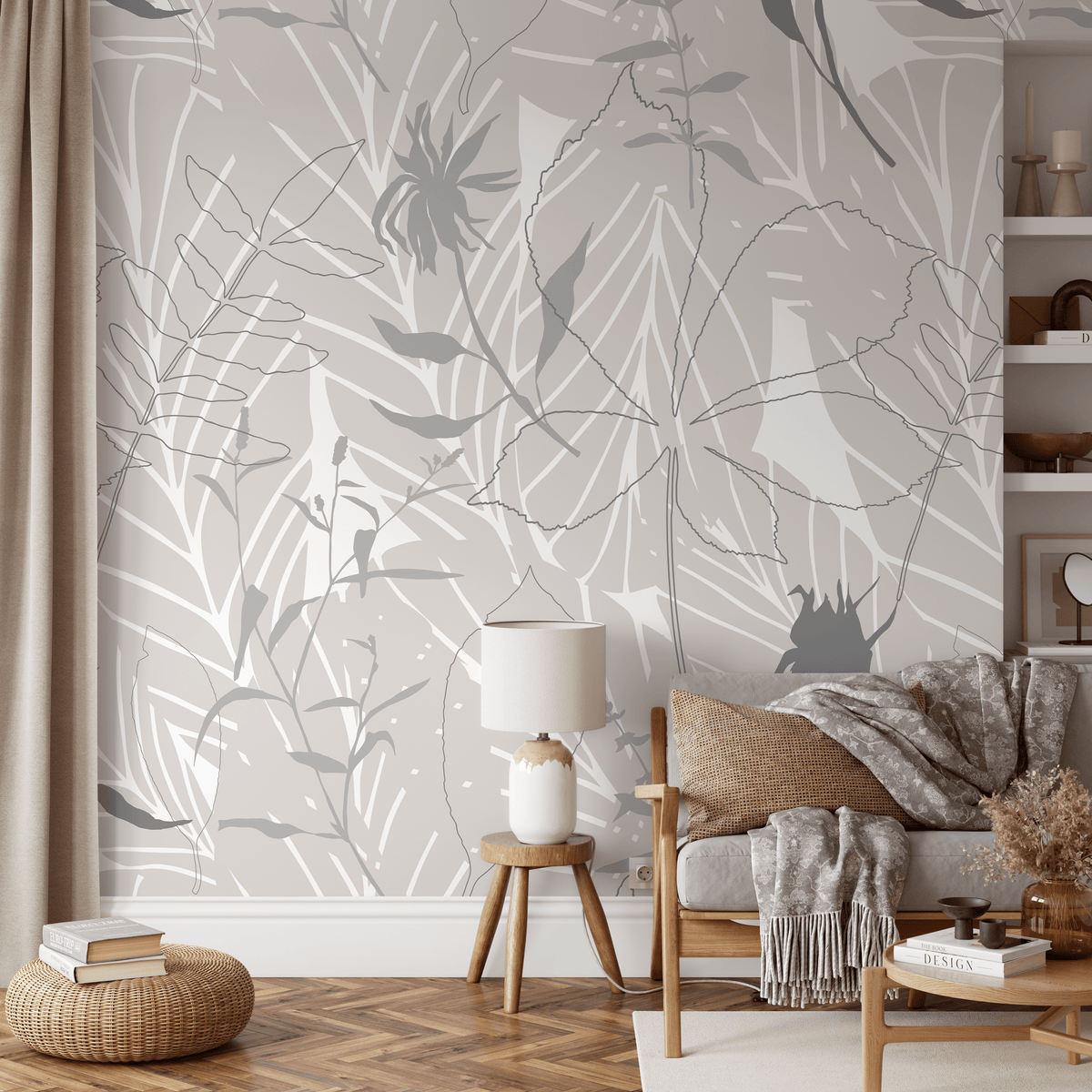 Botanical Wallpaper with an Abstract Foliage Motif in Taupe and Gray - detail view