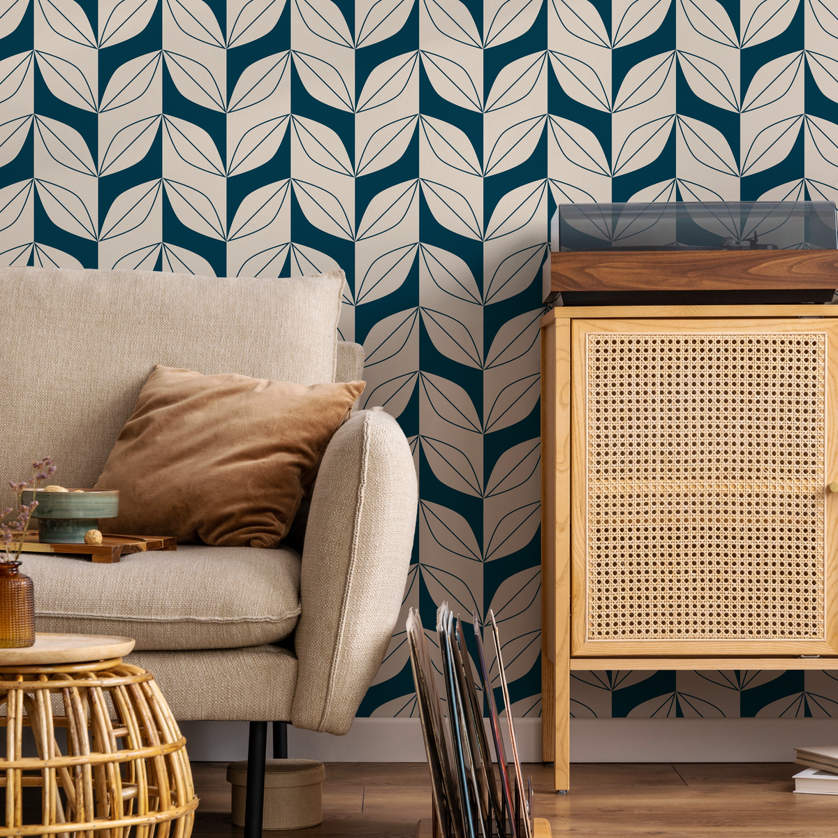 Geometric Wallpaper with a Stylized Leaf Motif in Teal and Beige - detail view