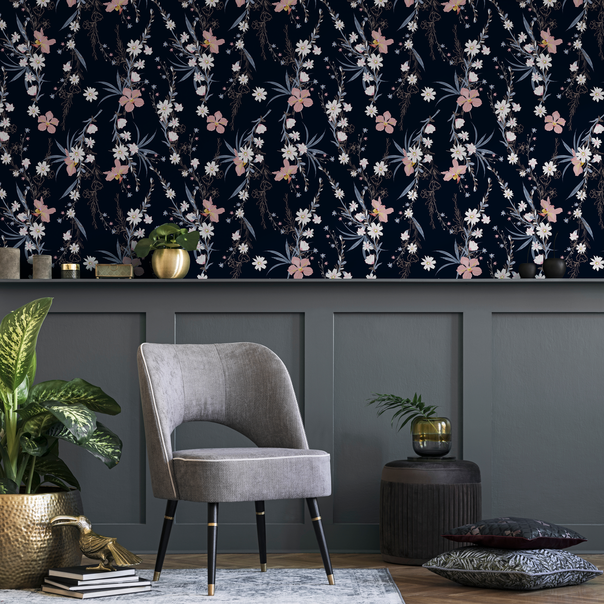 Floral Wallpaper with Delicate Wildflowers in Pink, White, and Blue - detail view