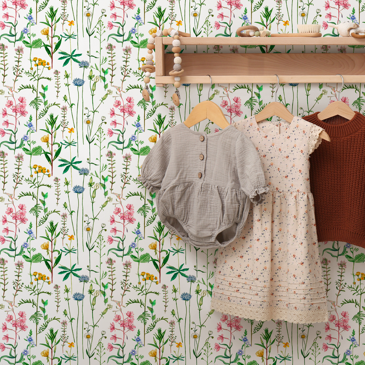 Botanical Wallpaper featuring a Delicate Wildflower Meadow in Pink, Blue, and Yellow - detail view