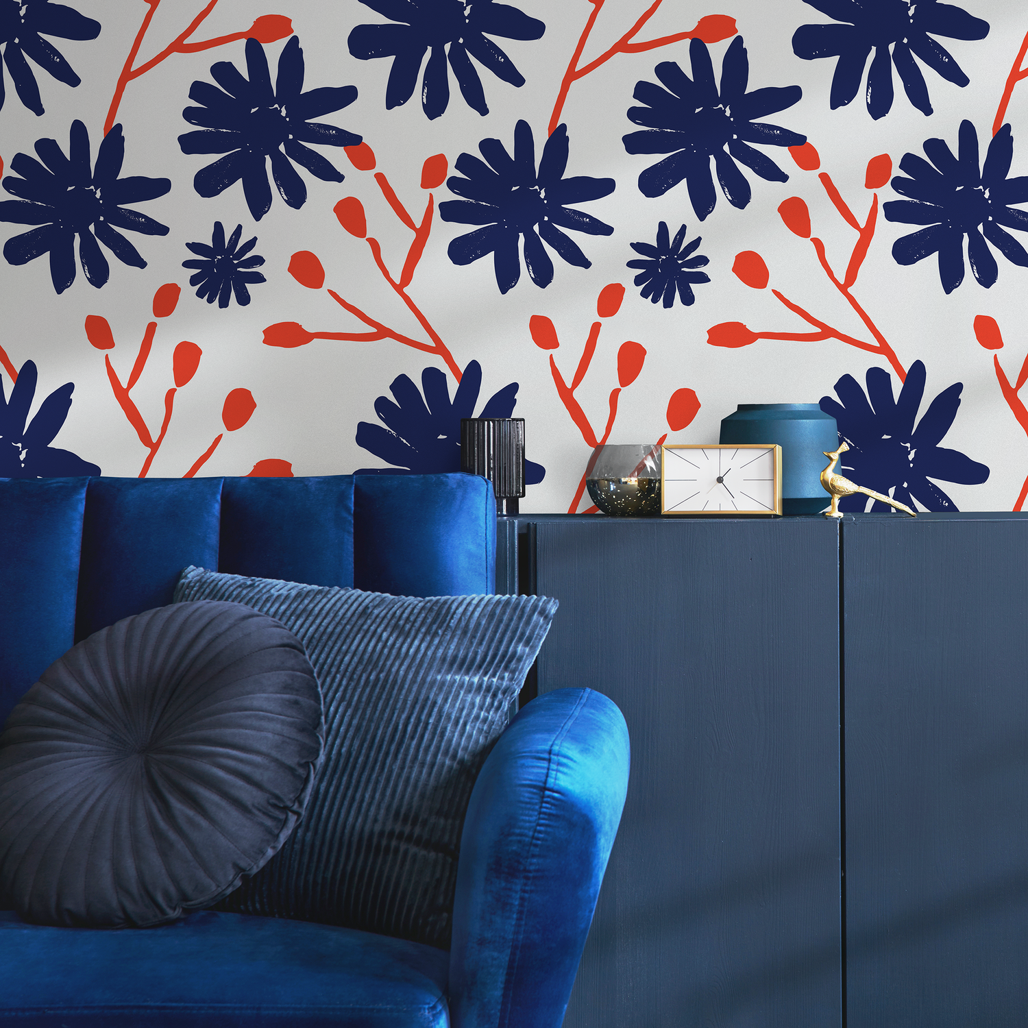Abstract Floral Wallpaper with Stylized Blooms in Navy Blue and Red-Orange - B445