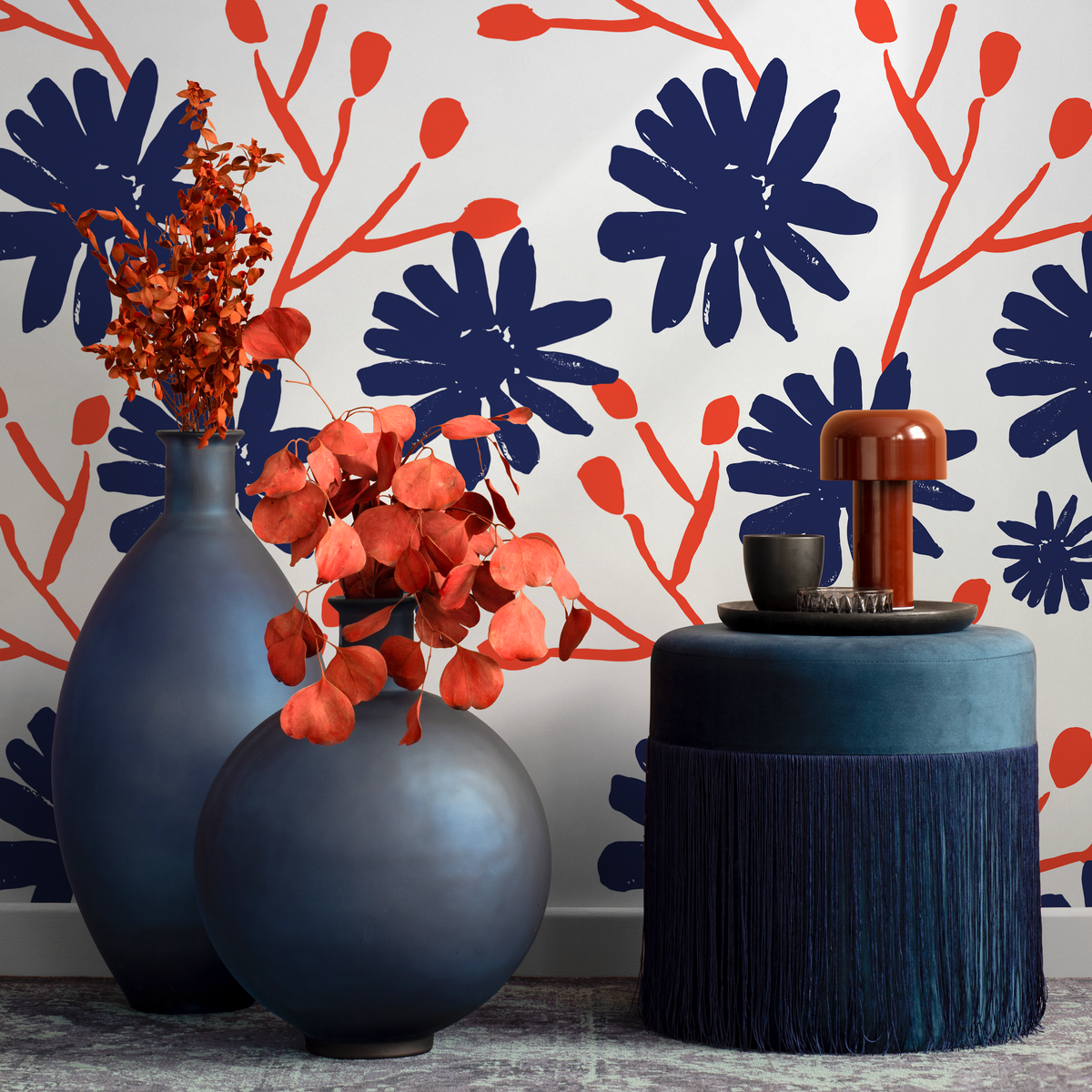 Abstract Floral Wallpaper with Stylized Blooms in Navy Blue and Red-Orange - detail view