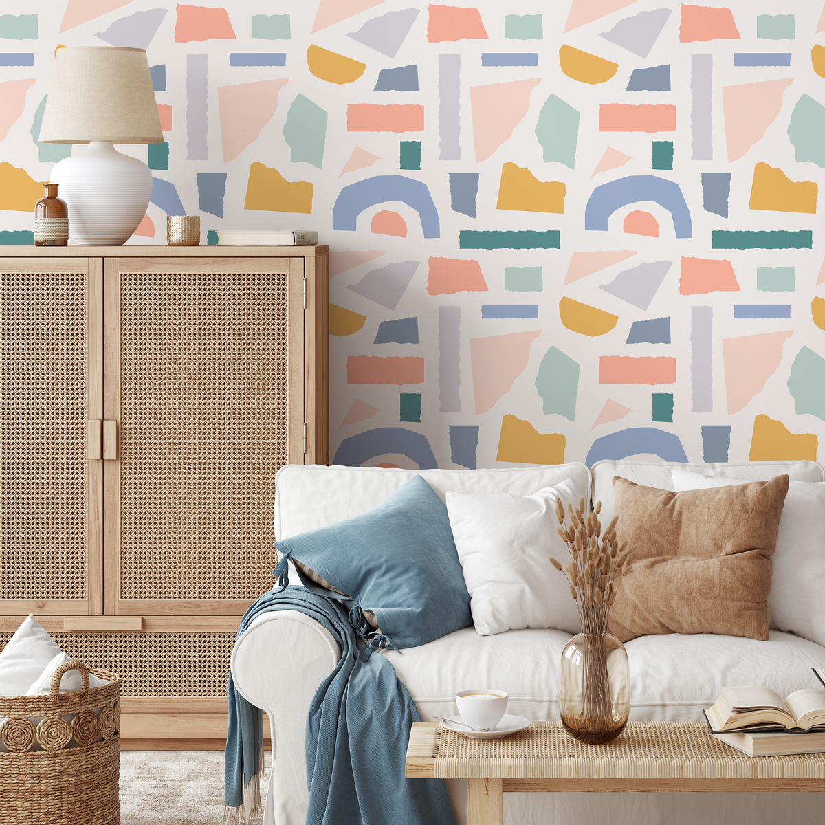 Abstract Wallpaper with a Torn Paper Collage in Blue, Yellow, and Pink - detail view
