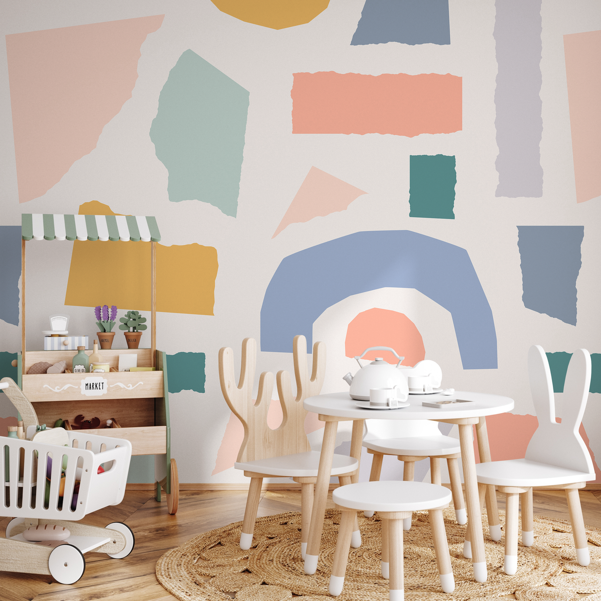 Abstract Wallpaper with a Torn Paper Collage in Blue, Yellow, and Pink - detail view