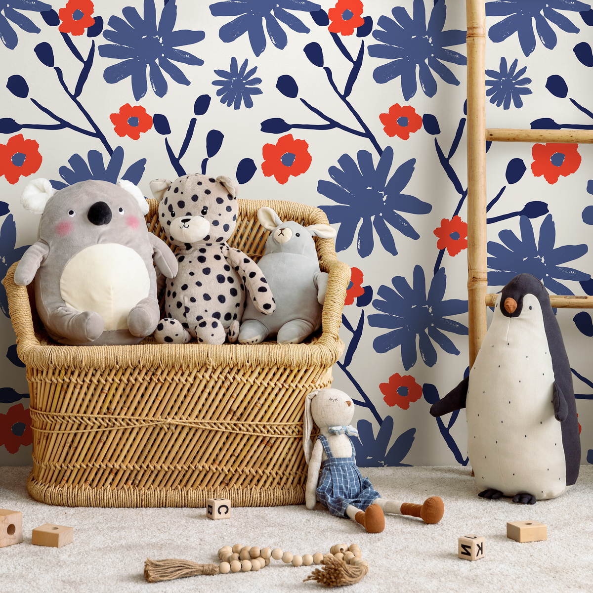 Floral Wallpaper Featuring a Painterly Print in Blue and Red - detail view