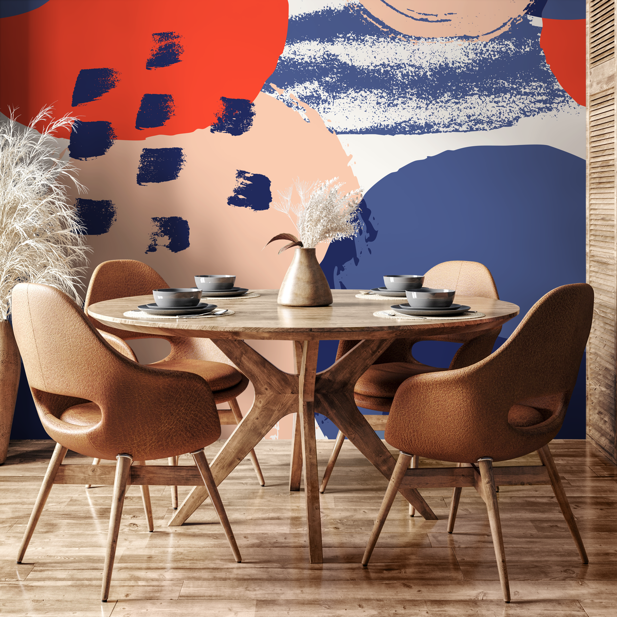 Abstract Wallpaper with Bold Brushstrokes in Red, Blue, and Peach - detail view
