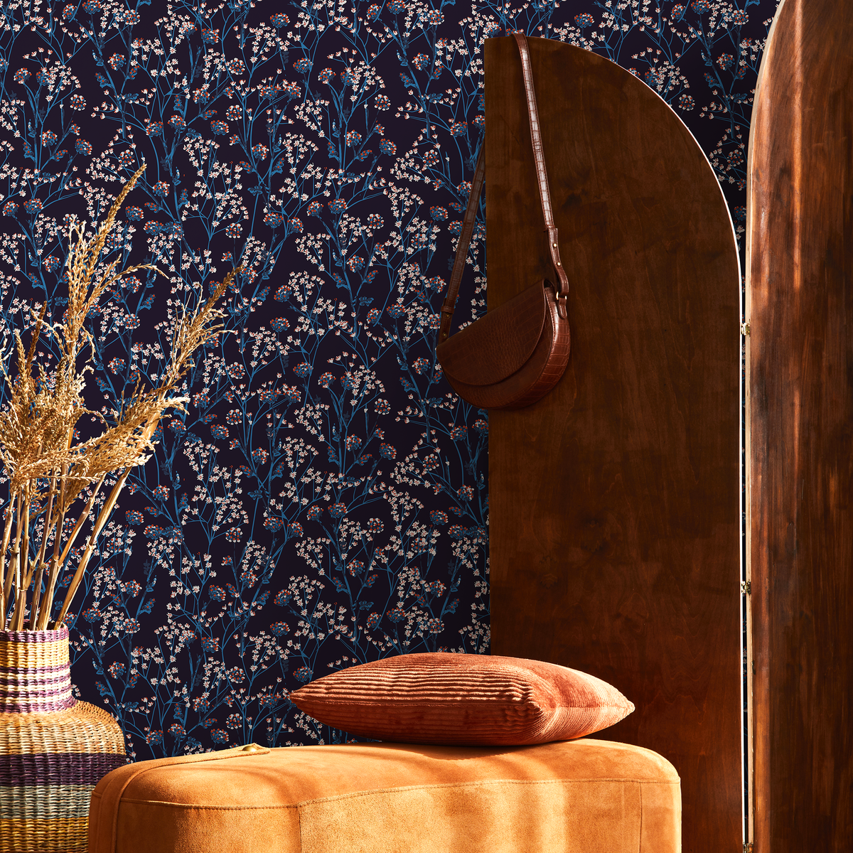 Botanical Wallpaper Featuring Wildflower Sprigs in Navy Blue, Red, and White - detail view