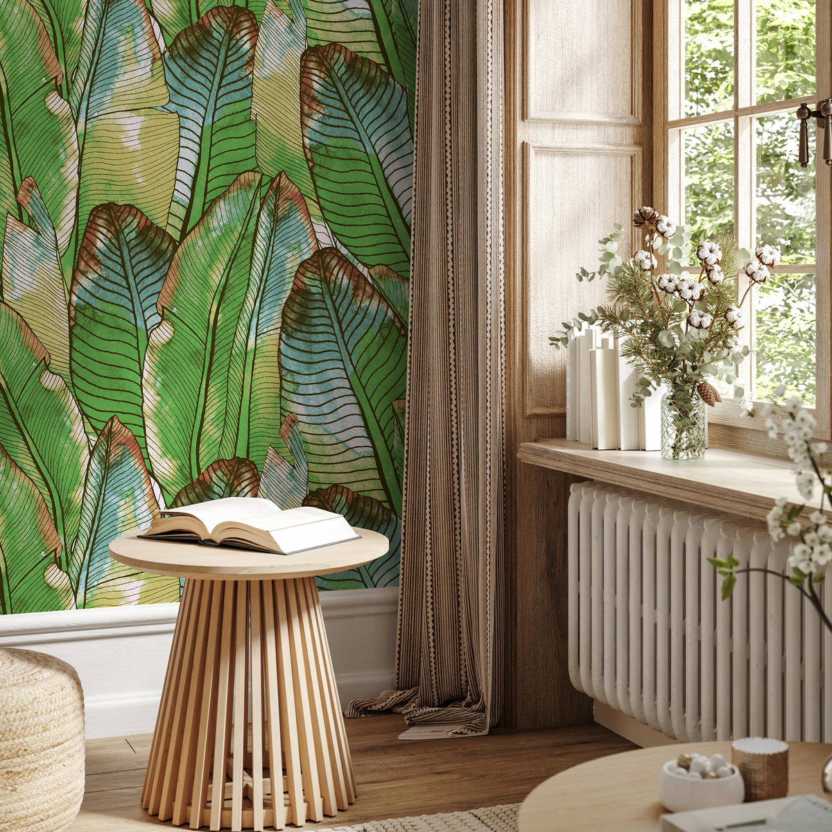 Botanical Wallpaper with Watercolor Banana Leaves in Green and Blue - detail view
