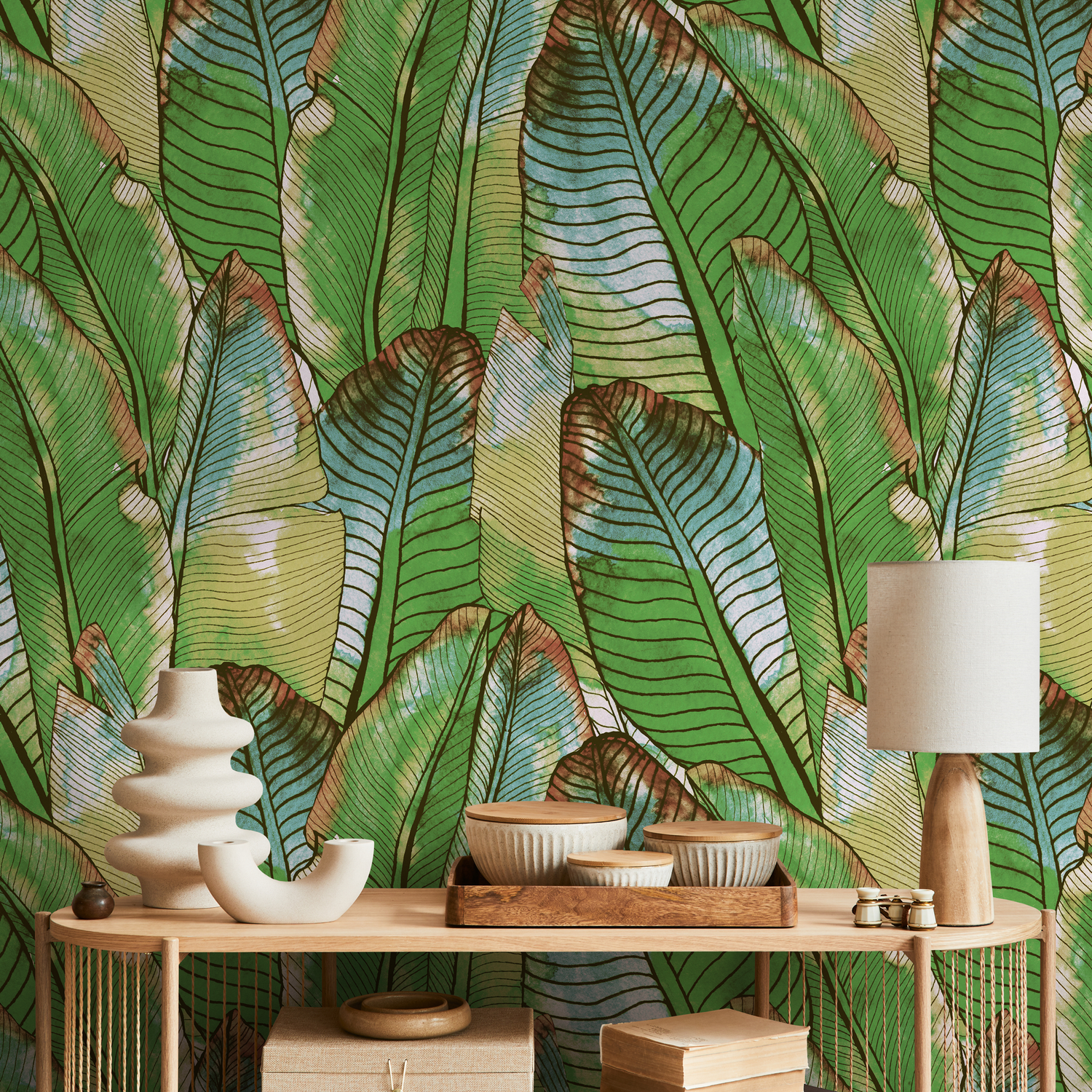 Botanical Wallpaper with Watercolor Banana Leaves in Green and Blue - B453