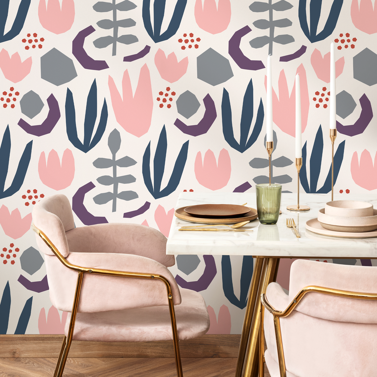 Abstract Wallpaper with Scandinavian Cutout Florals in Blue, Pink, and Grey - detail view