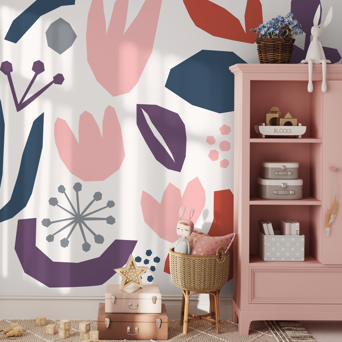 Abstract Wallpaper with Paper Cut-Out Botanicals in Navy Blue, Pink, and Purple - detail view
